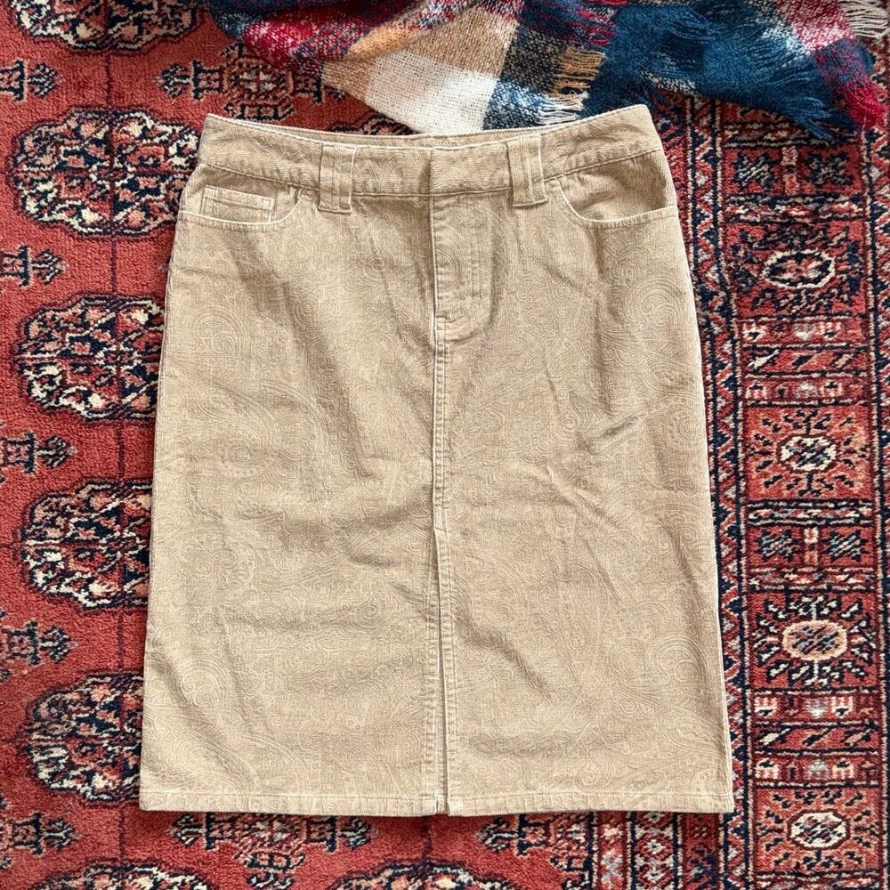 Express Tan Corduroy Paisley Pattern Jeans Style Pencil Skirt‎ Center Split